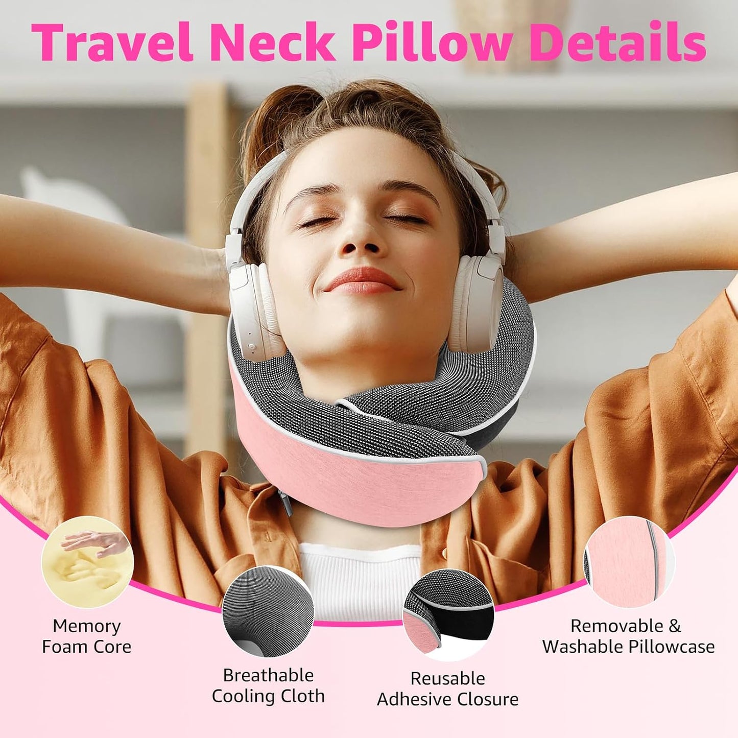 Travel Pillows for Airplanes Ergonomic Memory Foam Neck Pillow for Travel - 360° Head & Neck Support for Sleeping on Flights, Cars, Trains & Office (Pink-2)