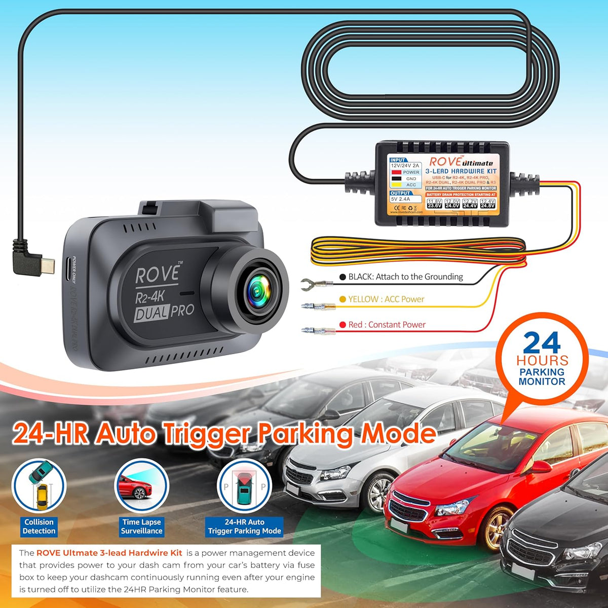 ROVE Ultimate Dash Cam Hardwire Kit, USB-C Port, 24Hr Parking Monitoring