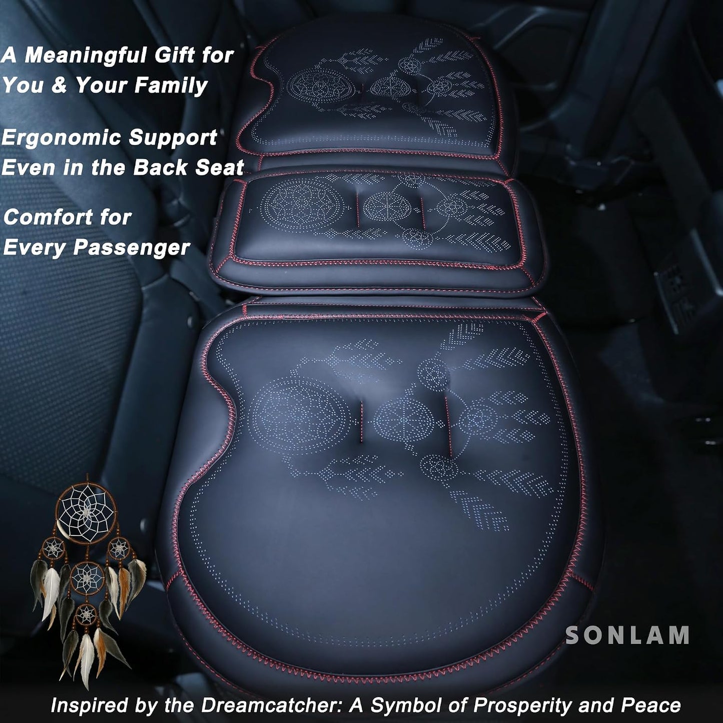 Comfort Dreamcatcher Car Seat Cushion Non-Slip - Relaxing, Optimal Support & Posture for Long Drive (14. Front Seats (Black with Red))