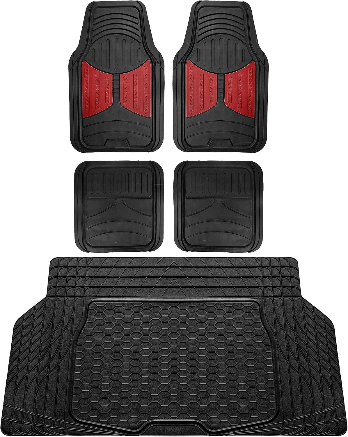 FH Group Monster Eye Full Set Rubber Floor Mats w. Trimmable Vinyl Trunk Liner/Cargo Mat Black- Fit Most Car, Truck, SUV, or Van (Burgundy/Black) F11313- F16403