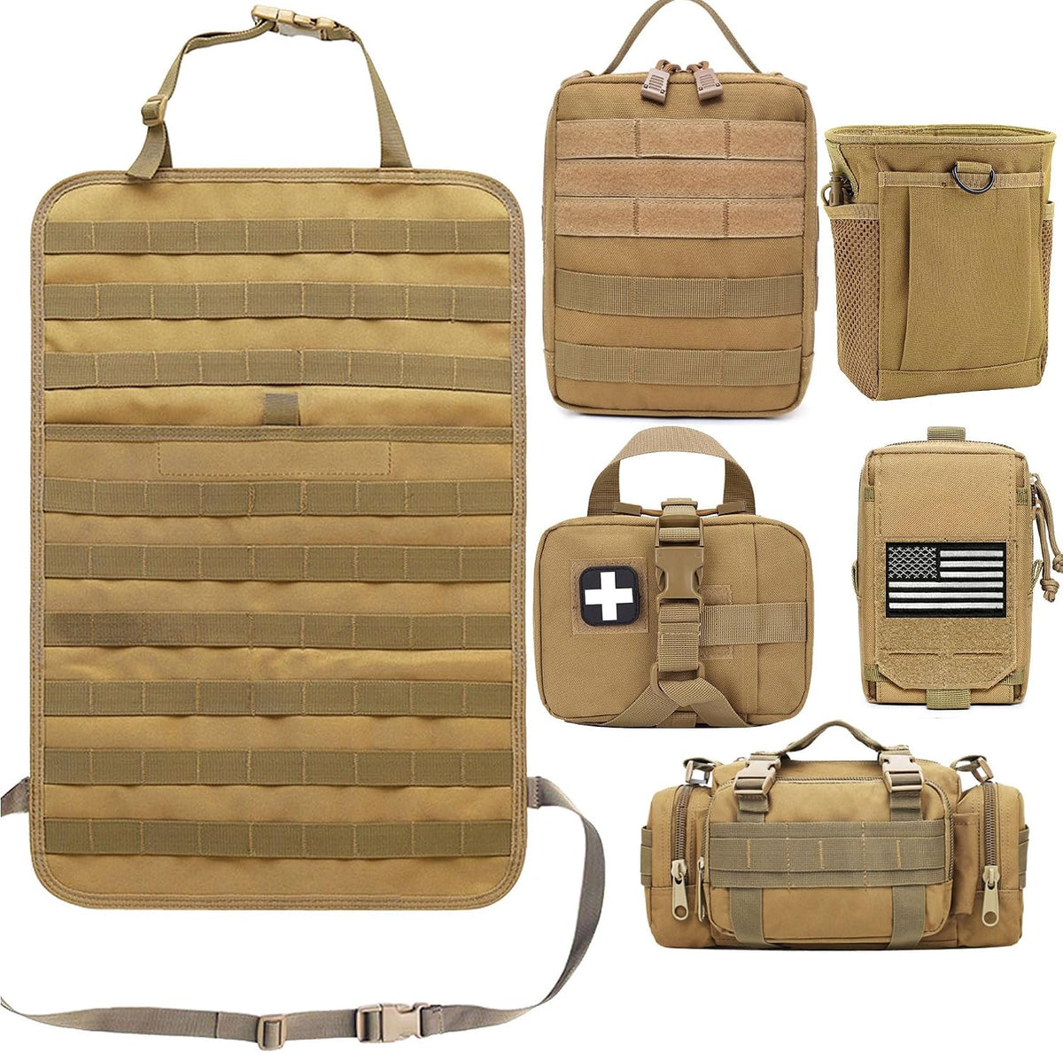 Car Truck Seat Back Organizer Tactical Molle, Upgrade Tactical Vehicle Panel Organizer with 5 Detachable Molle Pouch, Universal Fits for Most of Vehicle (Tan)