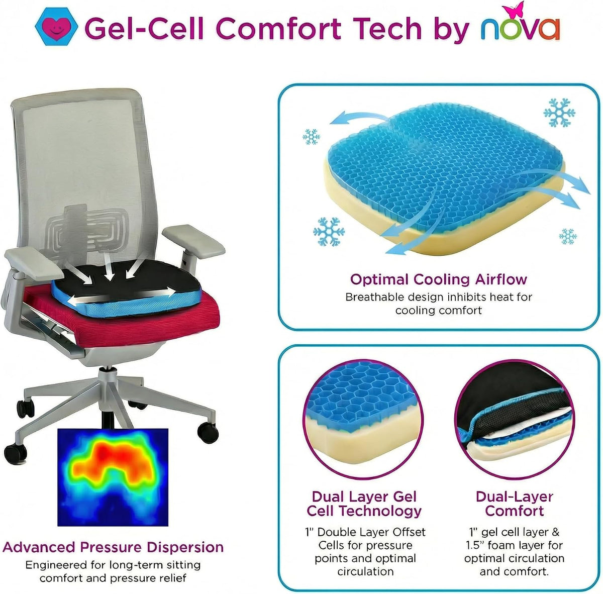 NOVA Happy Tush Gel Cell & Memory Foam Seat Cushion — Dual-Layer Pressure-Relief, 2.5" Thick, Foldable & Portable, Water-Resistant, Washable Non-Slip Cover, Home, Office & Travel