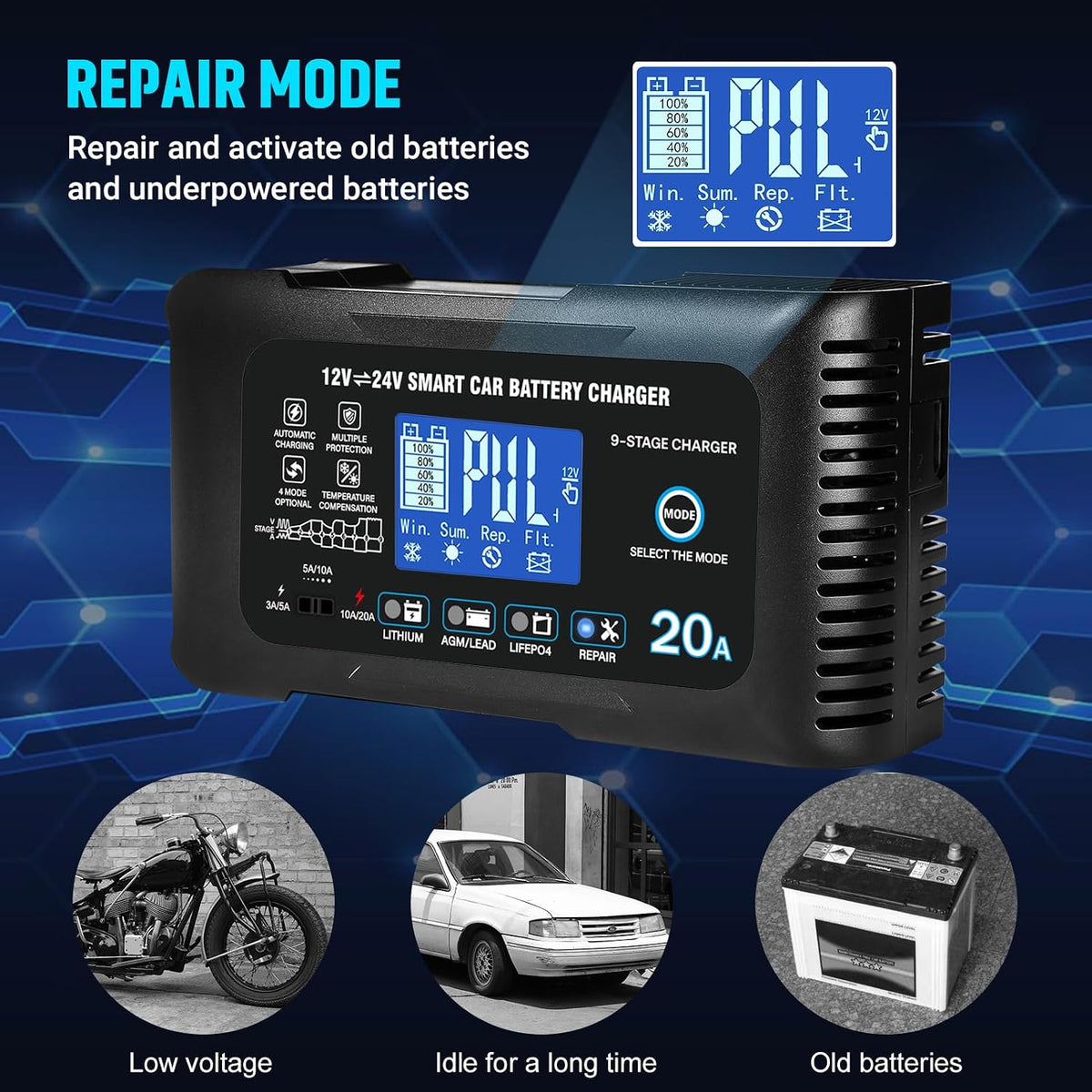 20A Car Battery Charger, 12/24V Smart Trickle Charger & Maintainer