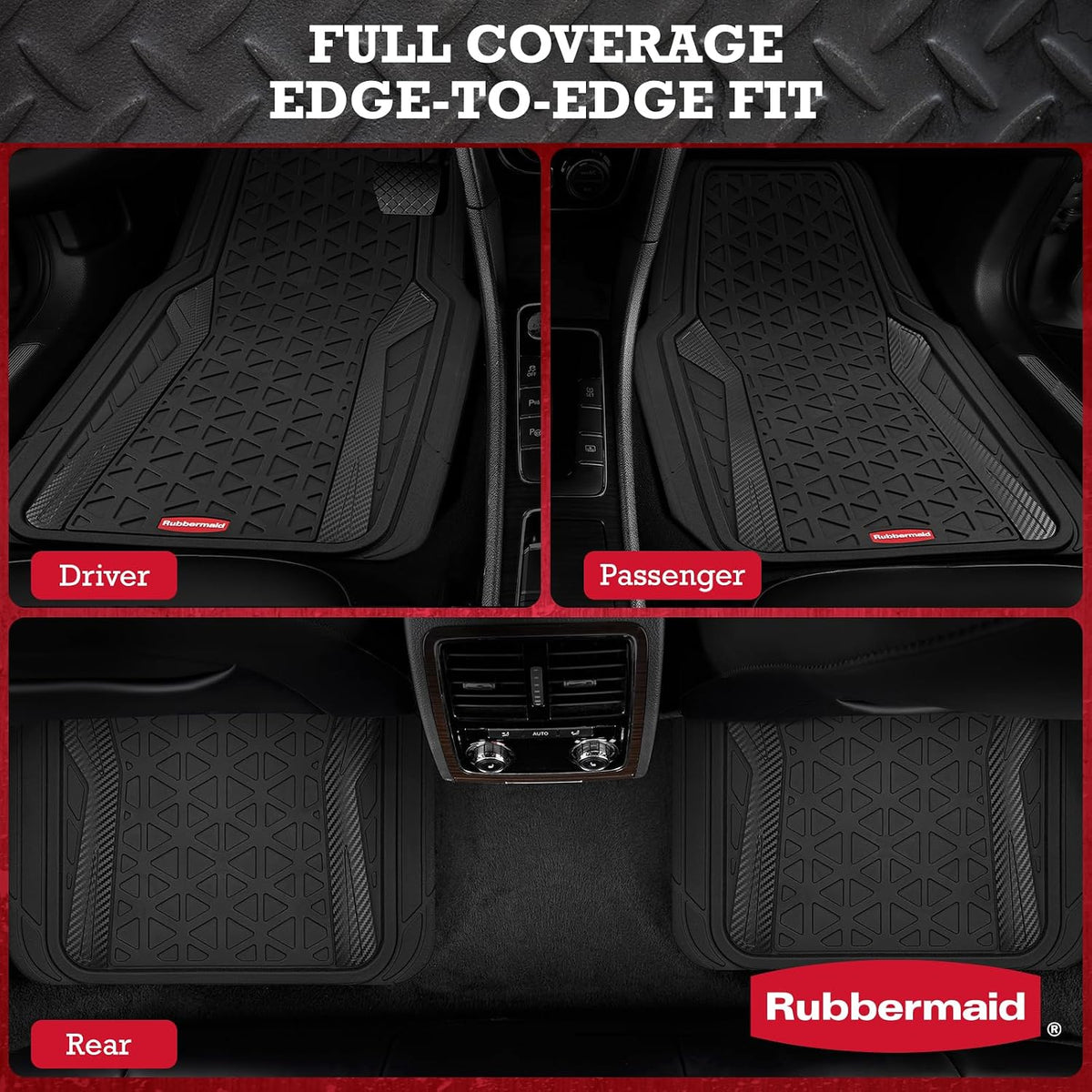 Rubbermaid Car Floor Mats Full Set, Premium Heavy Duty All-Weather Car Mats– Rugged Rubber with Brushed Aluminum Inserts, Universal Trim-to-Fit, Anti-Slip Backing for Cars, SUVs, Trucks & Vans - Black