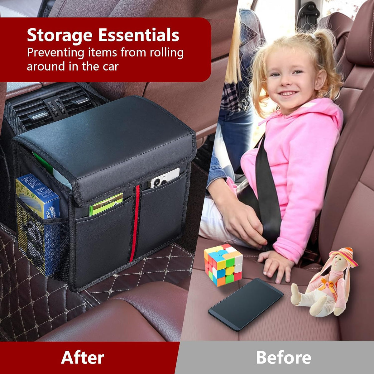 Hanging Car Seat Organizer with Lid - Premium PU Leather Backseat Organizer for Kids & Adults (Black)