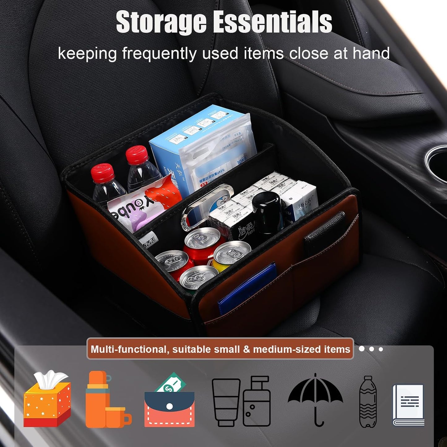[2025 UPDATED] Leather Car Seat Organizer, Foldable Storage Box for Front Seat, Back Seats & Floor – Removable Divider, Metal Handle, Adjustable Anti-Slip Strap for Kids & Adults (Black & Brown)