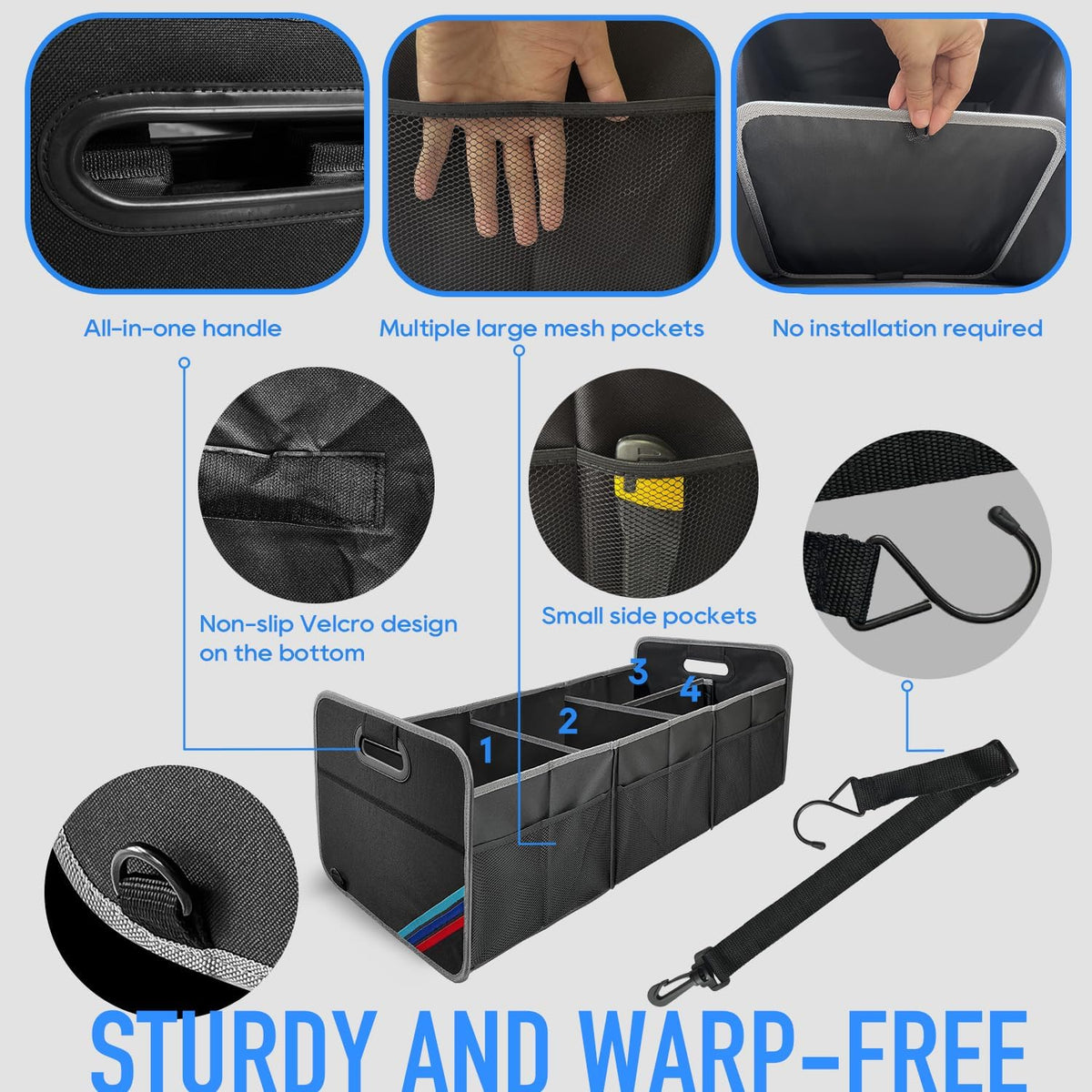 XL Car Trunk Organizer, 4 Compartments, 94L Capacity, Oxford Polyester 600D Material, Easy Fold and Store, Prevents Sliding