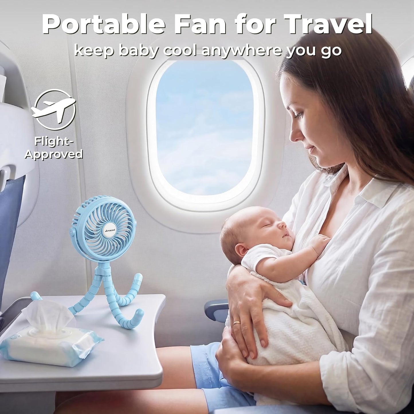 AMACOOL Battery Operated Stroller Fan, Baby Travel Essentials for Beach Disney, Newborn Boy & Girl Showers Gifts Registry Search, Flexible Tripod Clip On Fan for Car Seat Wagon Crib Bike Treadmill
