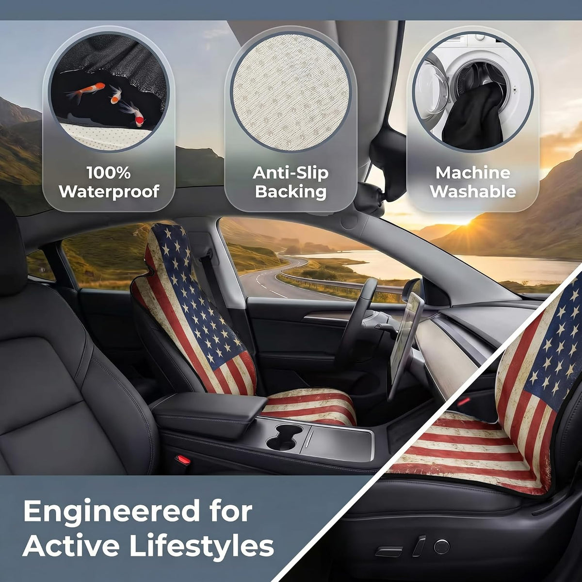 Waterproof Stain Resistant Towel Car Seat Covers，Universal Non-Slip for Gym Workout, Swimming, Beach and Workout Outdoor, Machine Washable(American Flag, 1 Pack)