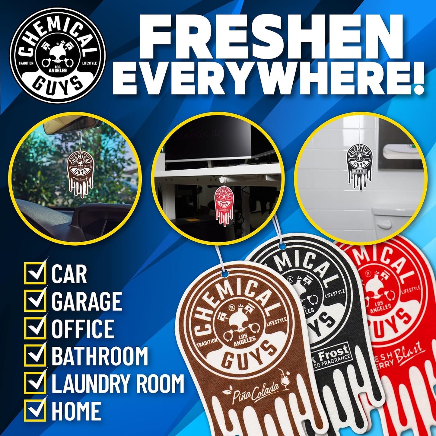 Chemical Guys Car Fresheners, Hanging Air Fresheners, Variety Scent Pack 12 Pack - for Cars, Home, Garage, Workspace, Dorm Room & More (4 x 3 Packs, Black Frost, Cherry, Pina Colada)
