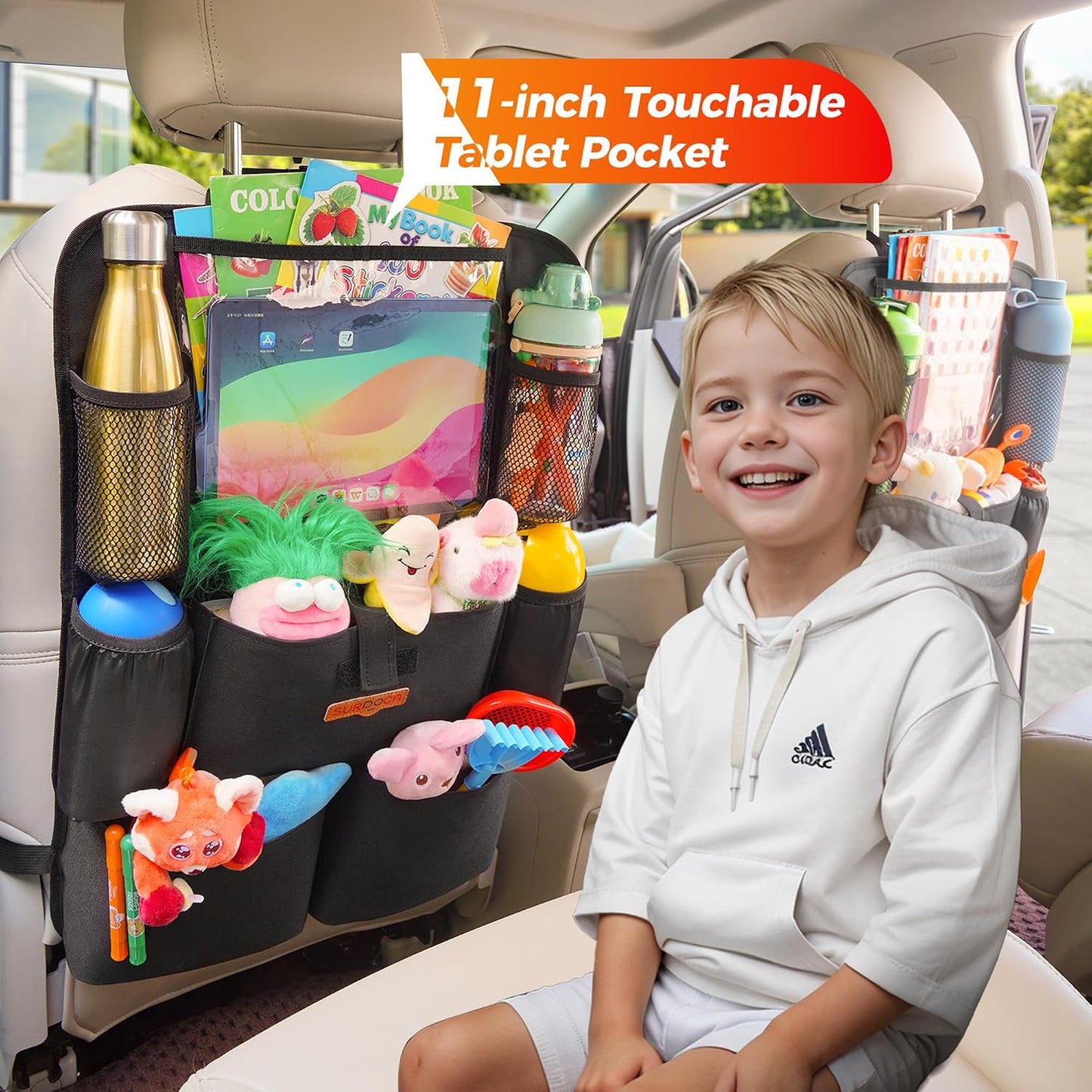 SURDOCA Car Organizers and Storage, Upgraded Car Seat Organizer with 11-inch Touch Screen Tablet Holder, Backseat Car Organizer with 8 Pockets, Car Seat Protector Road Trip Essentials for Kids