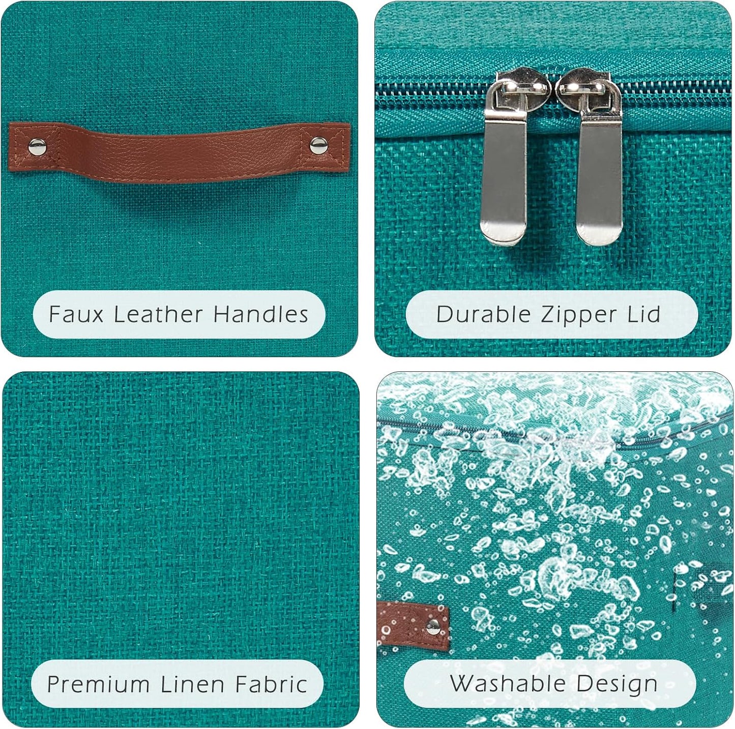 Storage Bins with Zipper Lid Cotton Linen Fabric Lidded Storage Baskets Boxes Foldable Washable Closet Shelf Clothes Organizer Container with PU Leather Handles (Teal Blue, Large)