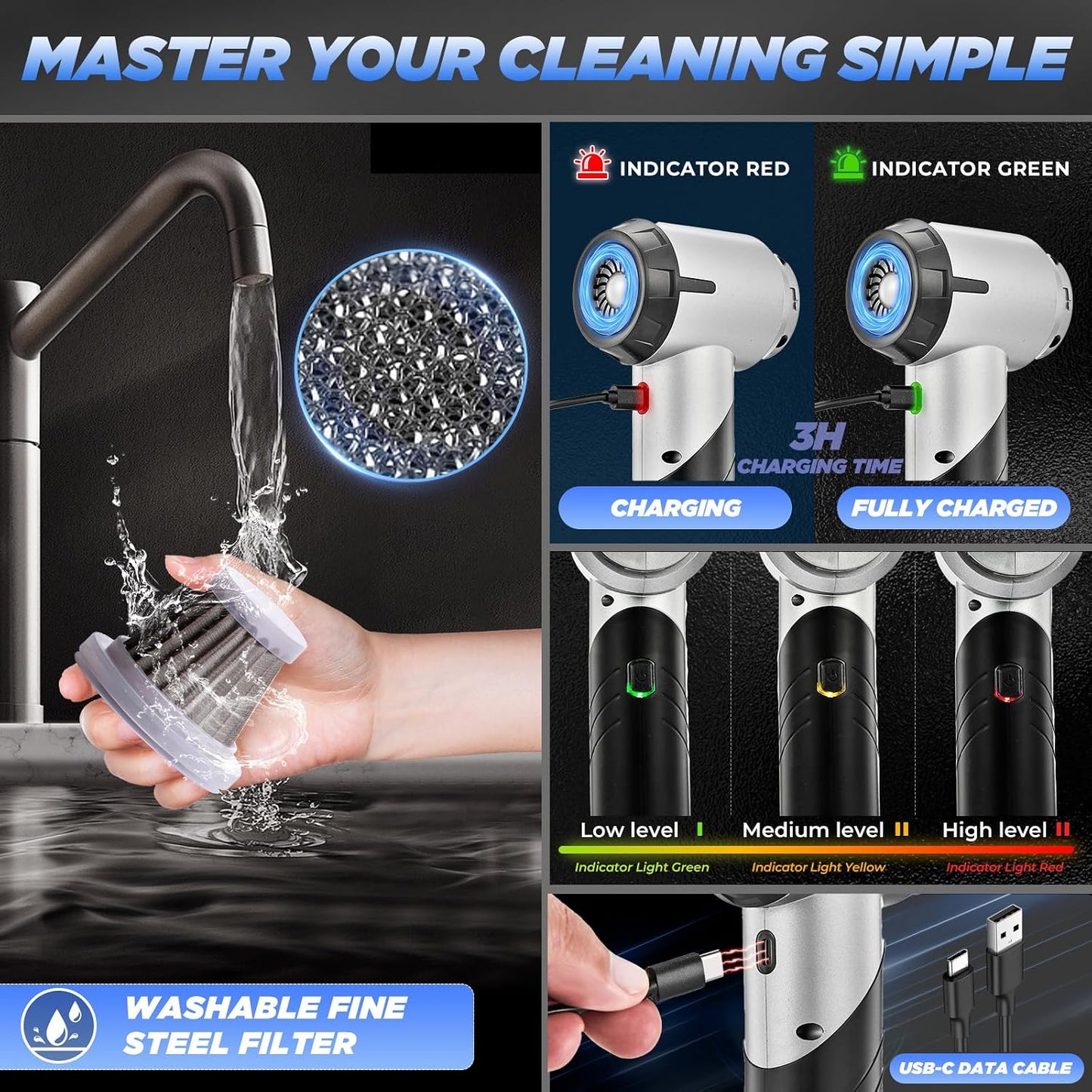 Saker Handheld Car Vacuum Portable Cordless17000PA Mini Air Duster Blower Rechargeable Foldable Vacuum Cleaner with Brushless Motor for Home, Office Pet HL132 Black
