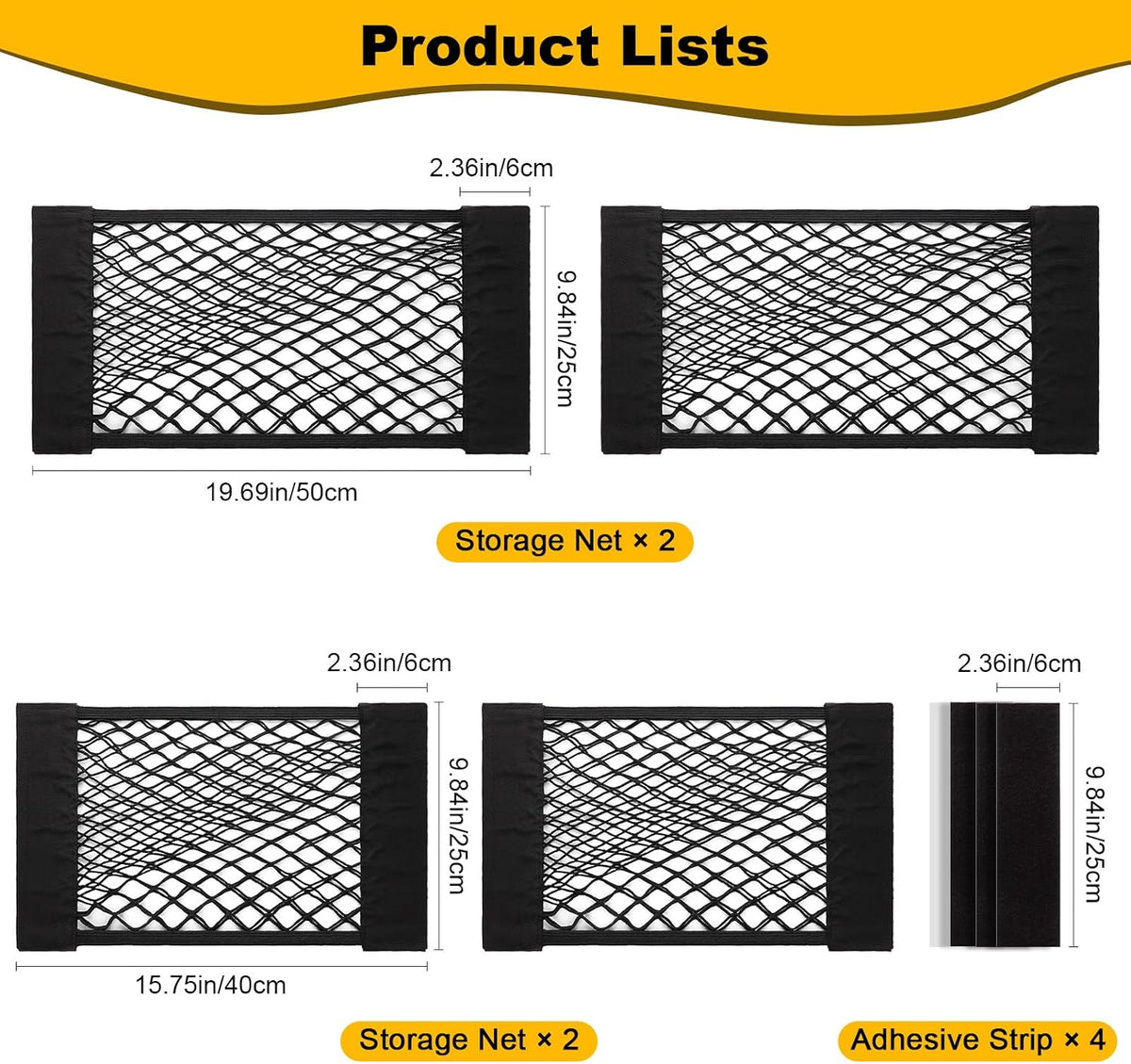 PIFOOG 4Pcs Car Storage Net Pockets, Stretchable Mesh Cargo Net Organizer with Adhesive Hook and Loop Strips, Universal Trunk Back Seat RV Camper SUV Truck Storage Pouch, 11.8" x 9.8" & 15.7" x 9.8"