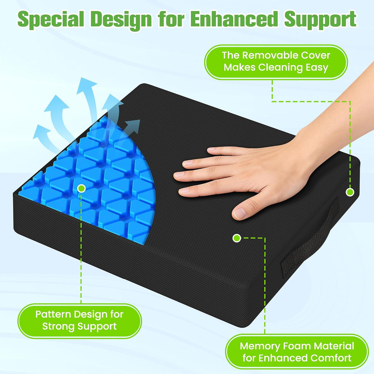 Seat Cushion for Office Chairs, Memory Foam Chair Cushion with Patterned Core for Even Support, Back, Tailbone & Sciatica Relief, Chair Pillow with Carry Handle for Car, Wheelchair(Black)