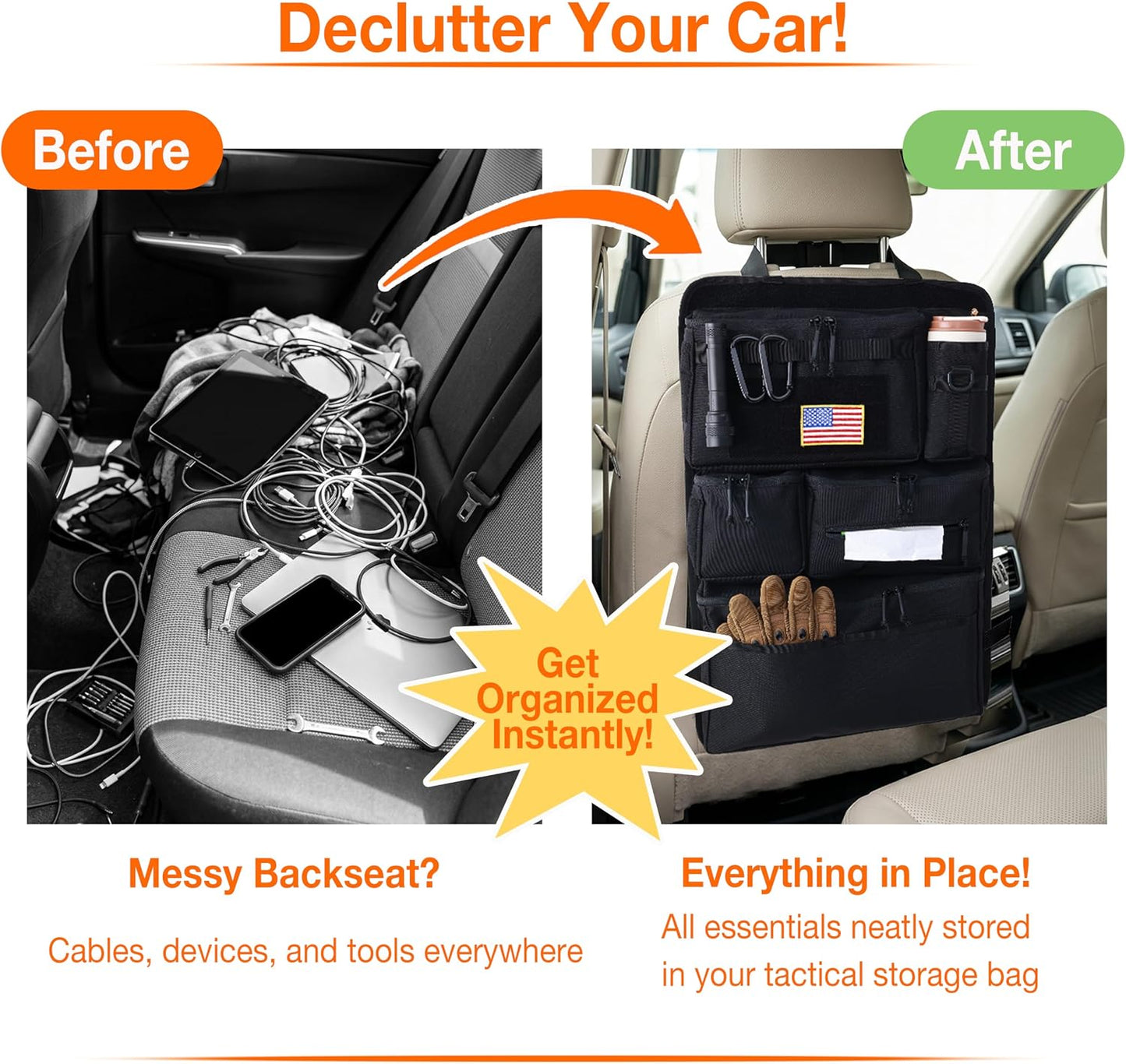 Tactical Car Seat Back Organizer, 600D Nylon MOLLE Seat Organizer with 6 Pockets, Hook and Loop Panel, Universal Fit for Car SUV Truck Jeep, Black
