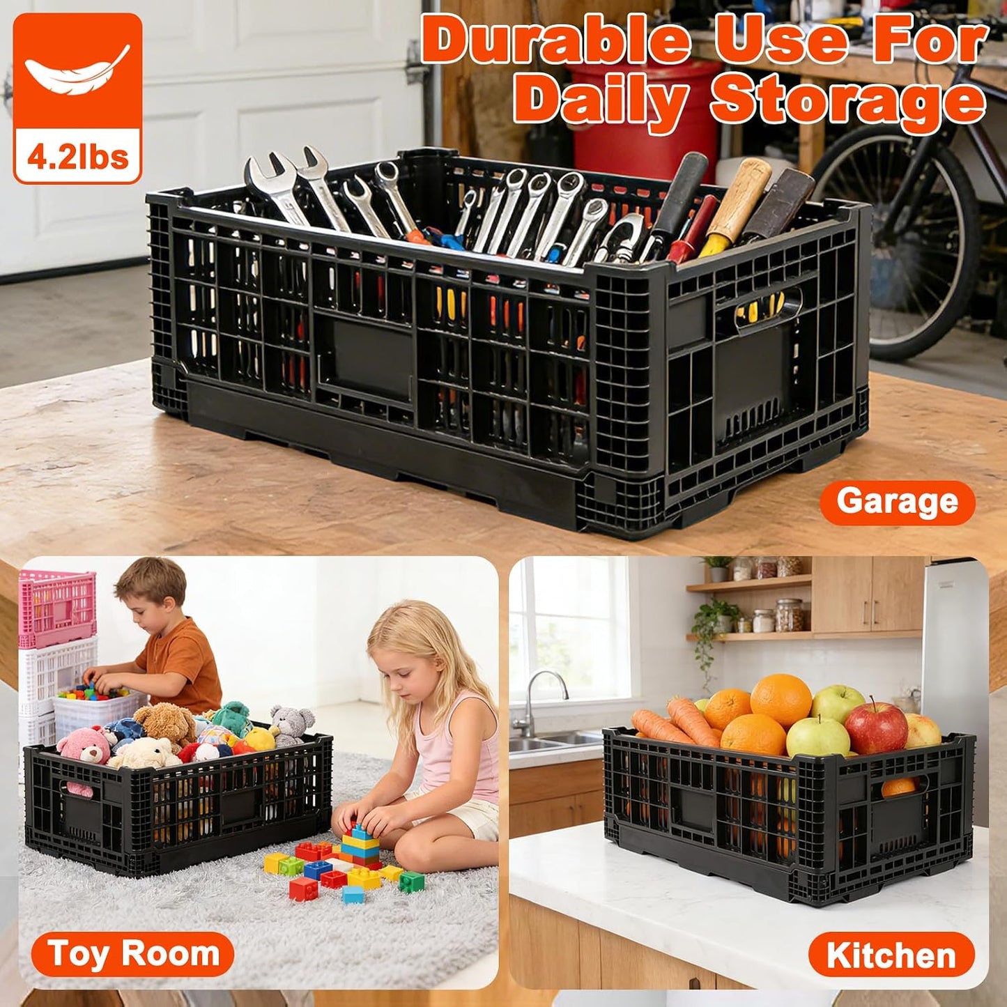 52L Milk Crate, Plastic Storage Crate with Handles, | Hold 130 lbs Per Bin, Large Collapsible Storage Bins for Home Organizing, Tools, Books, Camping & Transport