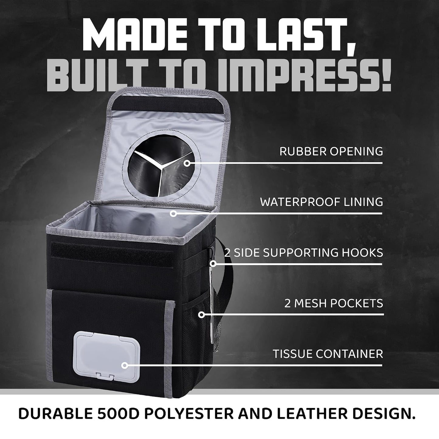 Eco Hygieia Leakproof Car Trash Can - Portable Hanging Car Garbage Can with Adjustable Elastic Strap, Wipes &amp; Tissue Box Holder, Spillproof Opening, Mesh Pockets, Waterproof Lining