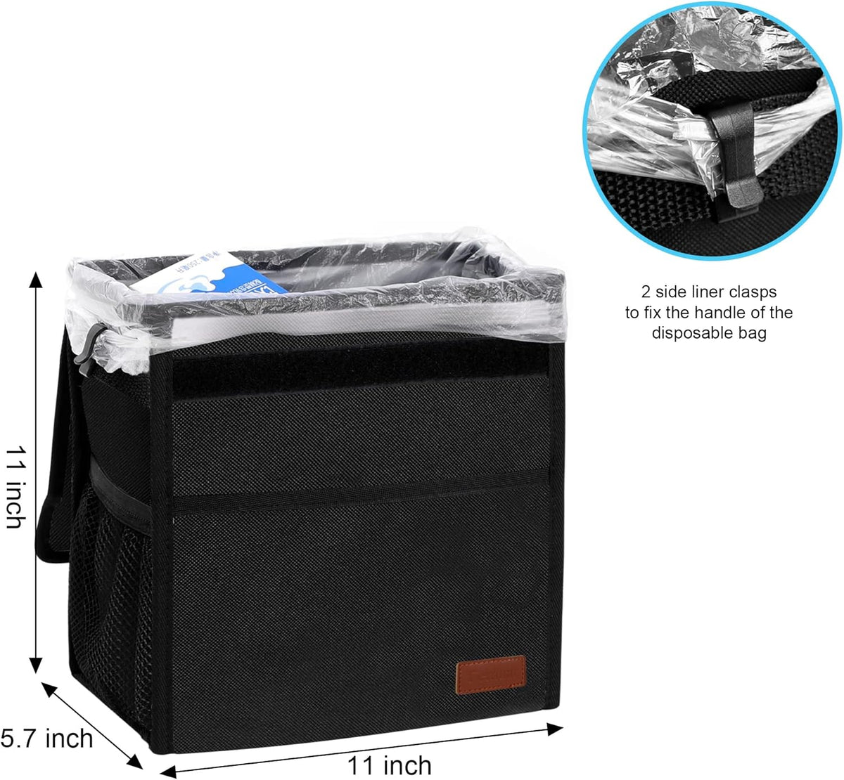 Leak Proof Car Trash Bag Waterproof Garbage Can with Lid for SUV Front Seat Multipurpose Car Hanging for Headrest Collapsible and Portable with Storage Mesh Pocket, Large/ Black