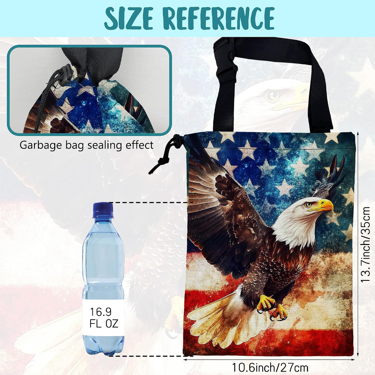 Car Garbage Bag Bald Eagle American Flag Drawstring Car Trash Bag Hanging for Back Seat with Adjustable Buckle Canvas Vehicle Trash Can Easy-to-Install