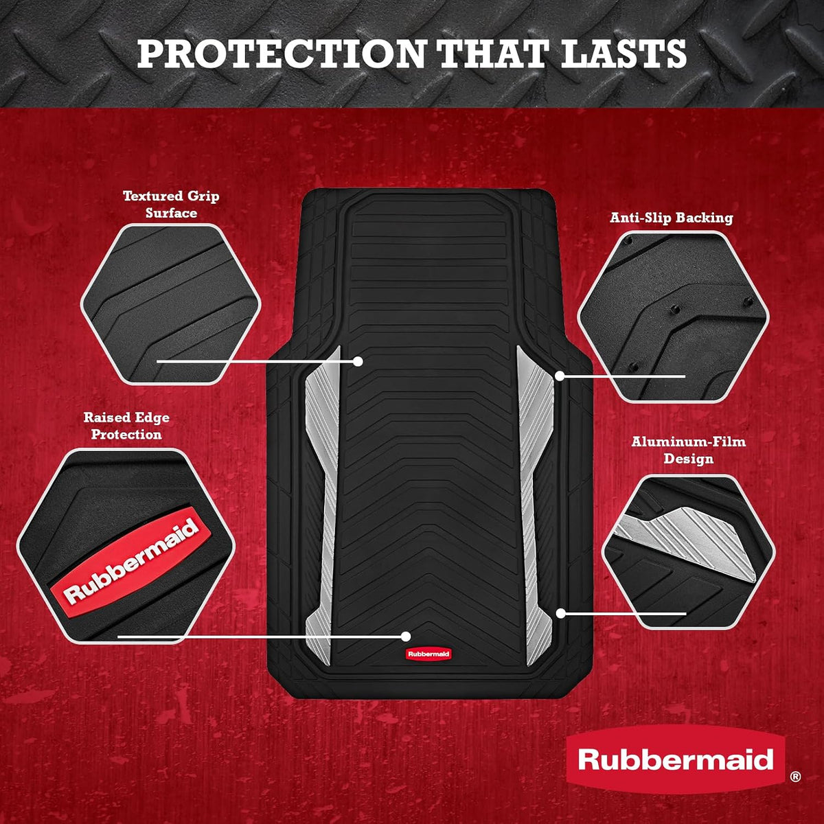 Rubbermaid Car Floor Mat, Heavy Duty All-Weather Car Mats Full Set with Dual-Tone Sliver Aluminum Inserts – Universal Fit, Anti-Slip Backing, Trim-to-Fit for Most SUV, Sedan, Van