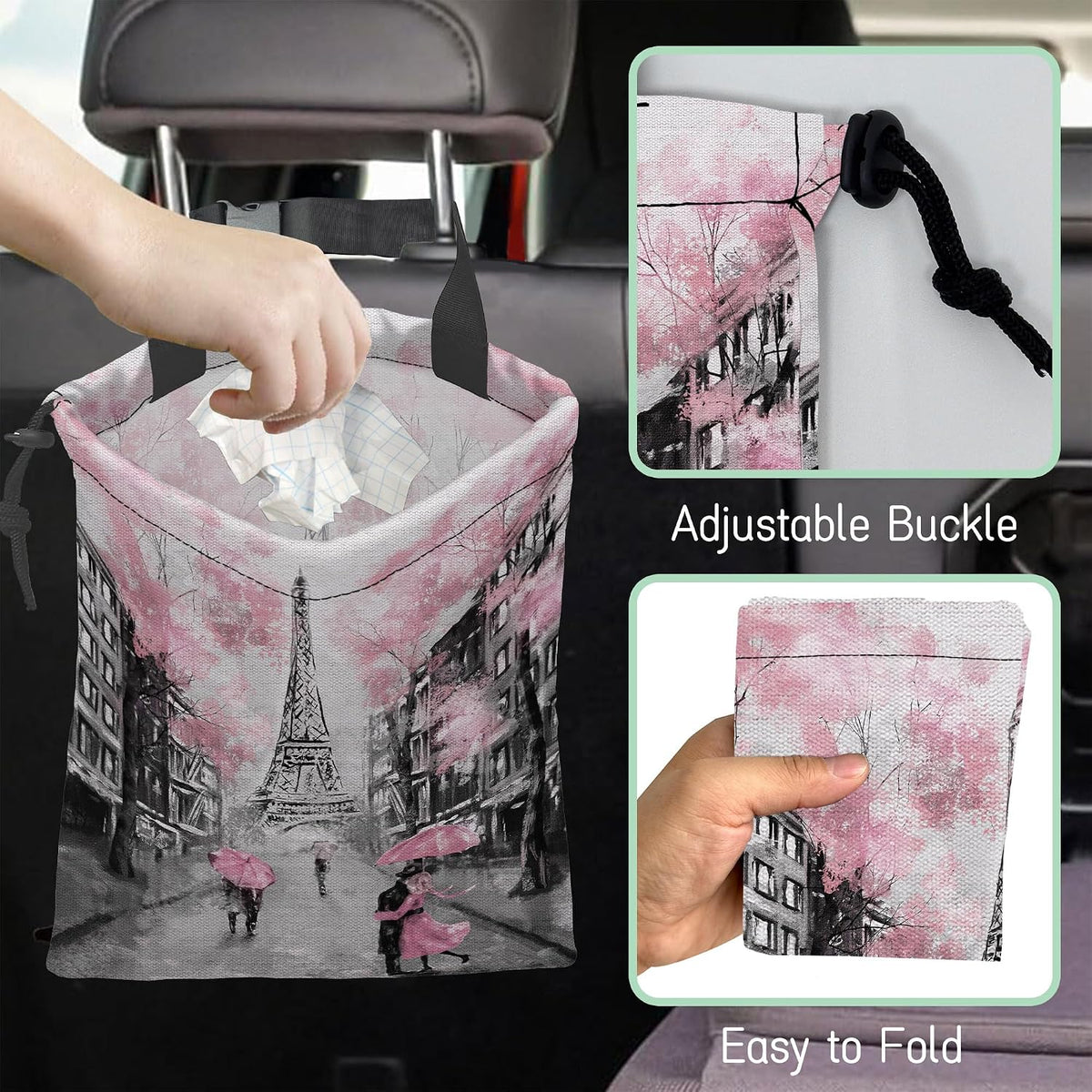 Eiffel Tower Car Trash Bag,Paris Oil Painting Hanging Drawstring Car Garbage Bag, Waterproof Canvas Car Back Seat Organizer with Adjustable Buckle, for Vehicles, SUVs, Camping, Road Trips