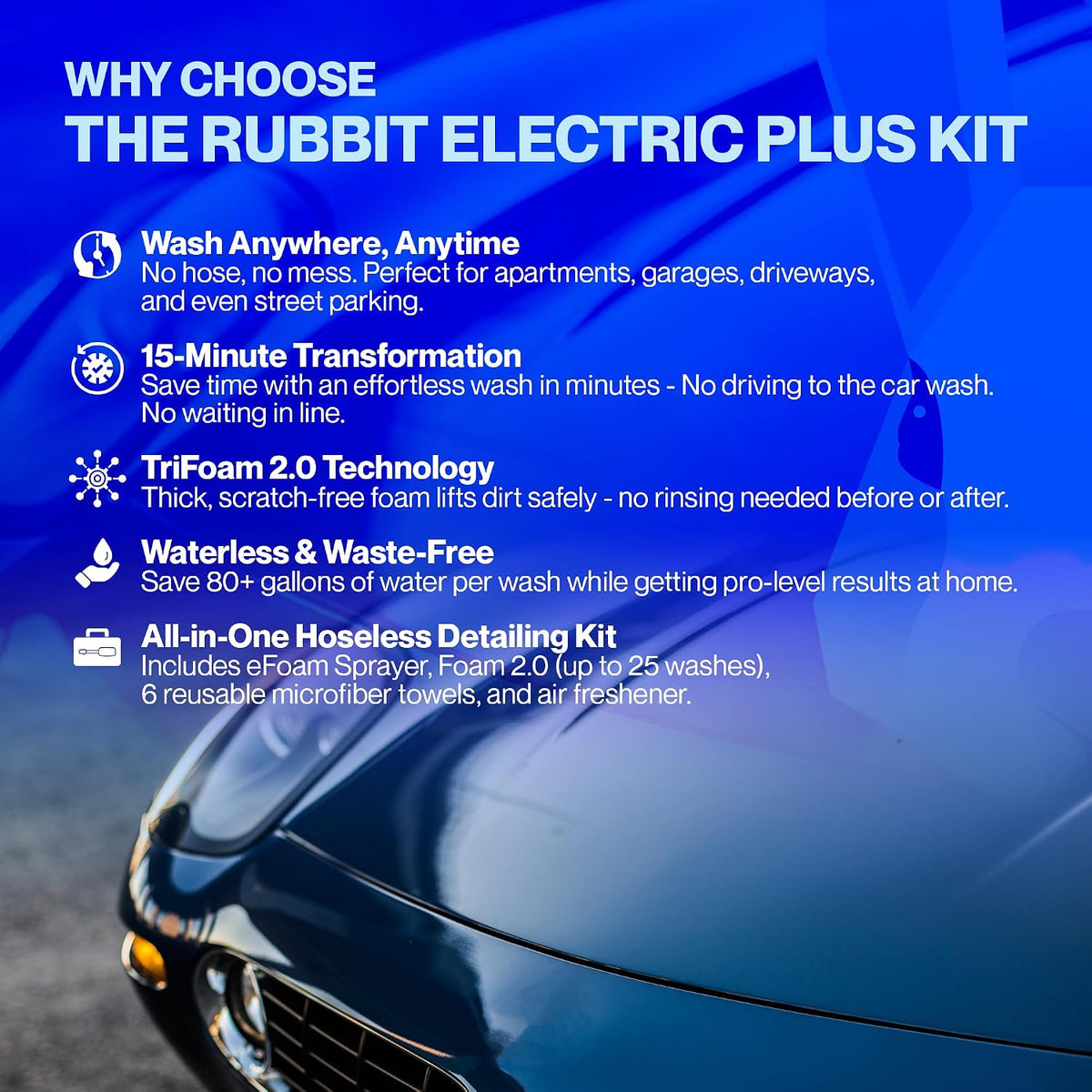 Electric Plus Kit, Waterless Car Wash Kit, Rechargeable Electric Sprayer, Foam 2.0 Solution, 6 Reusable Microfiber Towels, & Air Freshener, Car Cleaning Supplies, 9 Piece Auto Cleaning Kit