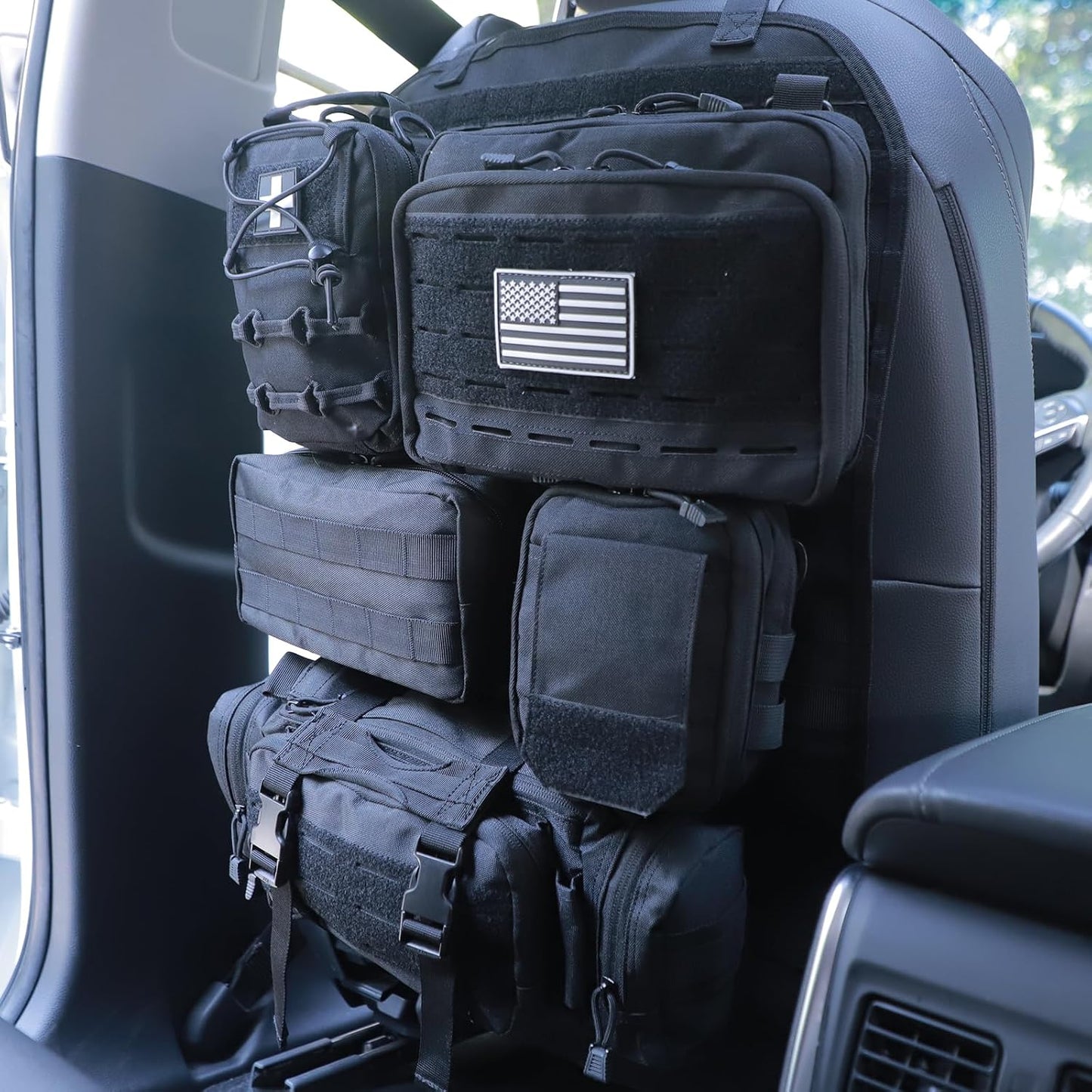 Universal Tactical Car Seat Back Organizer Bag Tactical Molle Vehicle Organizers Panel Vehicle Protector Organizers with 5 Detachable Pouches for Car Truck Ford Jeep (Upgraded C model Black)