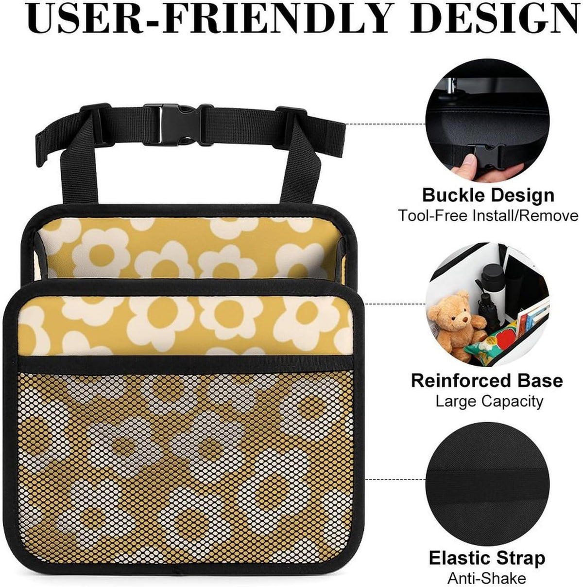 Car Backseat Organizer - Cute Aesthetic Car Storage Bin with Mesh Pocket & Reinforced Base - Universal Fit Hanging Seat Back Accessories for Women (Yellow)
