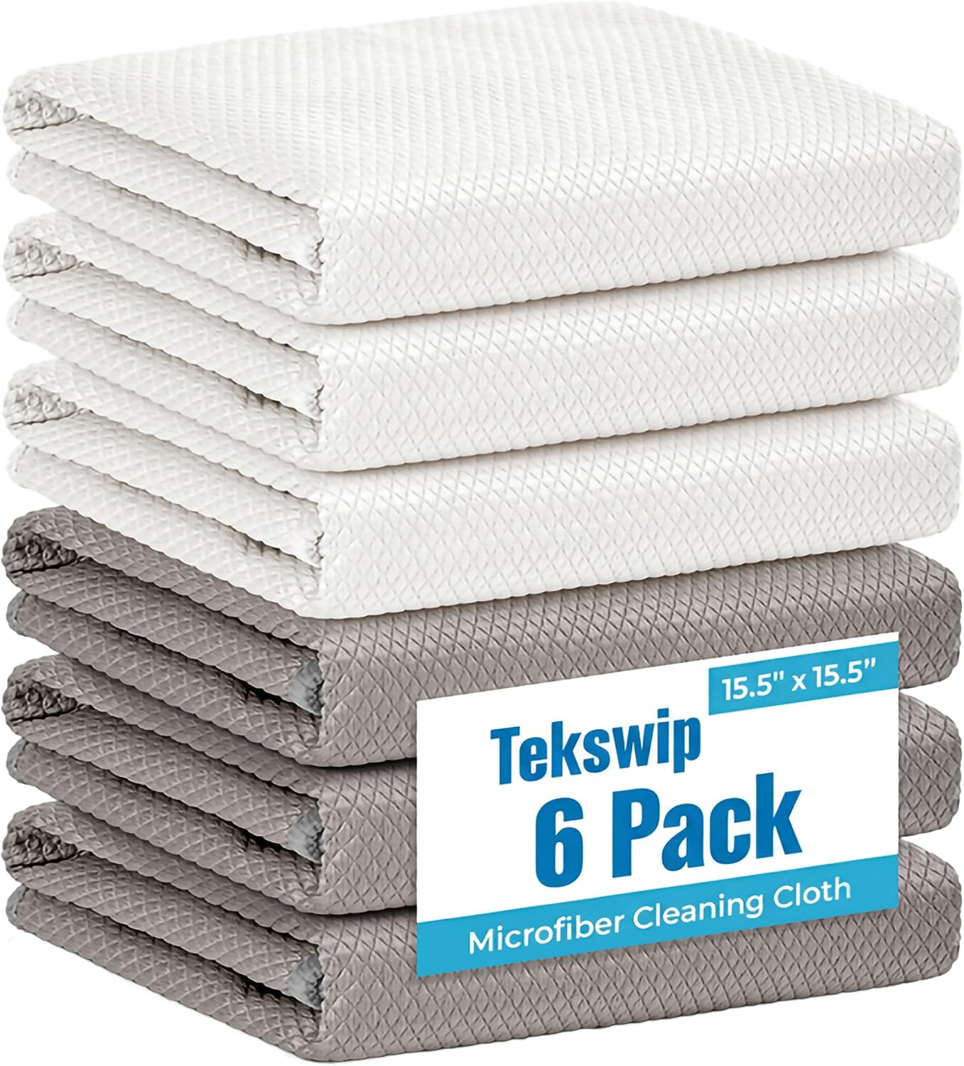 Microfiber Glass Cleaning Cloth, White Gray, 6 Pack | 15.5x15.5 Inches Lint Free Streak Free Stainless Steel Cloth For Window Screen Car