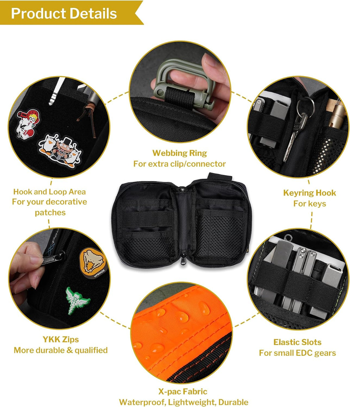 VIPERADE VE26 EDC Pouch Organizer with 11 Compartments, Small Tool Pouch with DIY Patches Area, EDC Pocket Organizer for Mutitools