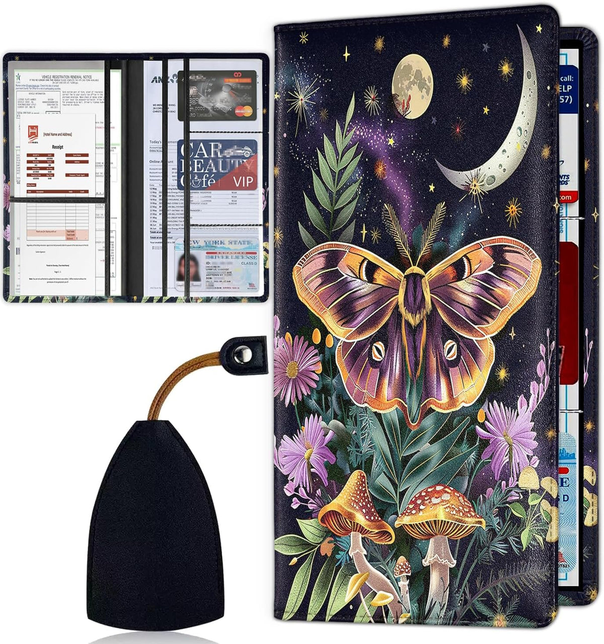 Car Registration Holder, PU Leather Vehicle Card Document Glove Box Organizer, Women Interior Auto Accessories Case for Cards, Driver License Car Insurance Holder, Magical Moth Moonlit and Mushrooms