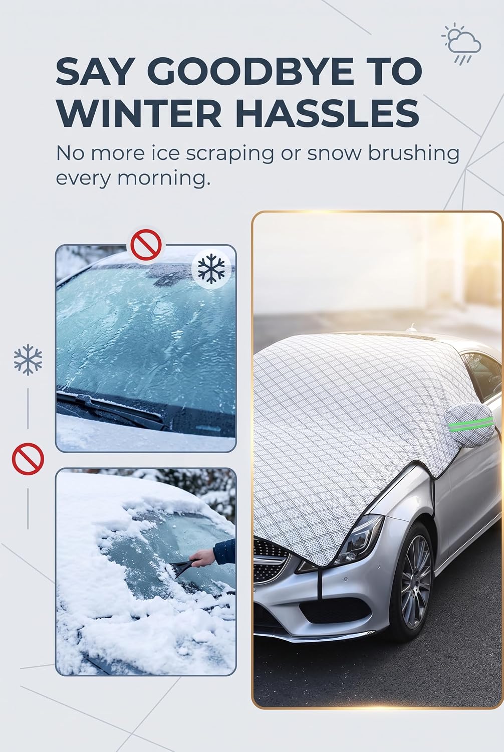 Half Car Cover, Water Resistant All Weather Heavy Duty Hood Windshield Guard, UV Protection Ice Snow Frost Shield, Universal Outdoor Car Covers for Sedan SUV Light Truck Silver