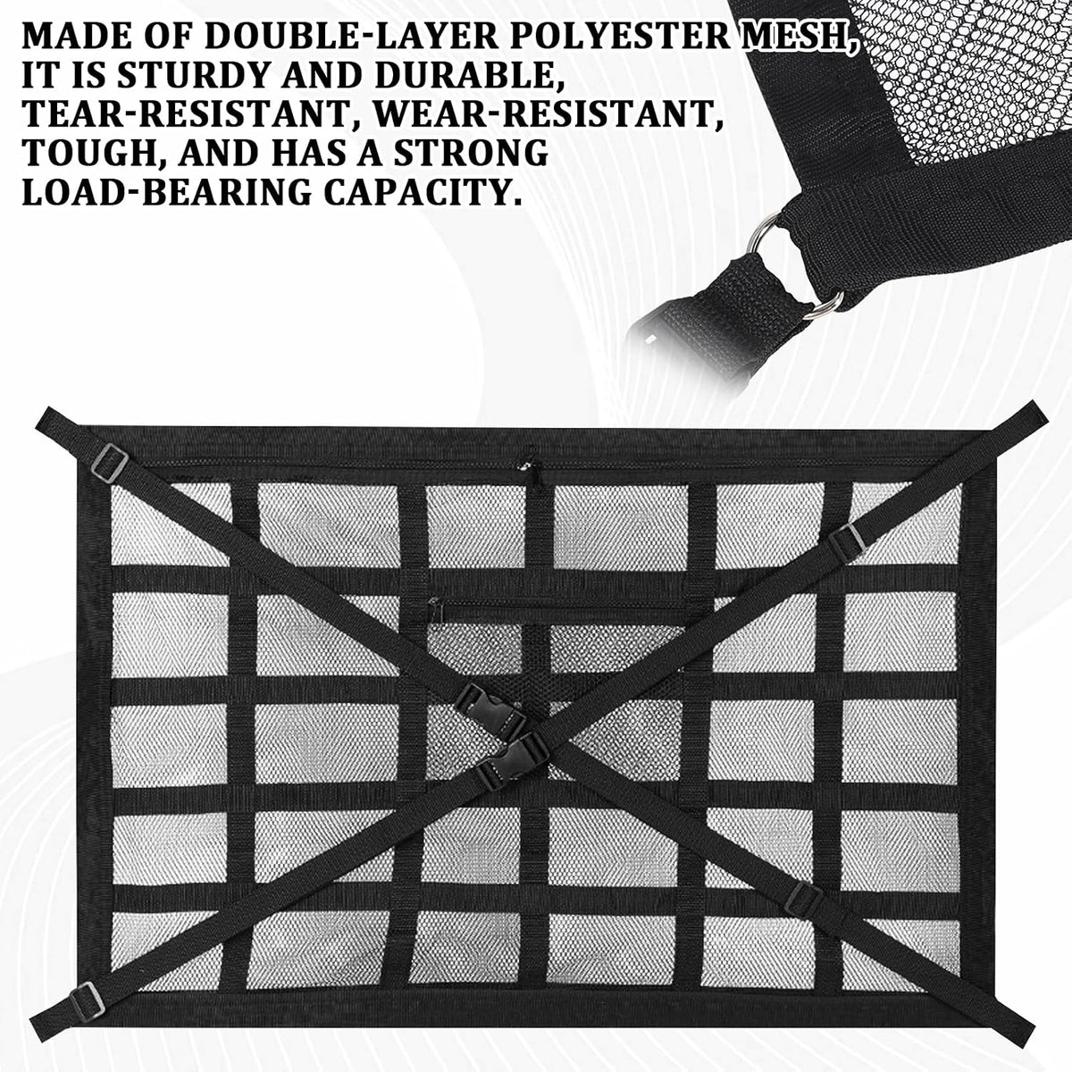 Car Ceiling Cargo Net, 31.5" x 21.6" Double Layer Overhead Storage Organizer, Adjustable Roof Mesh Pocket with Buckle Straps, Universal Auto Accessory for SUVs, Camping, Travel, Road Trips
