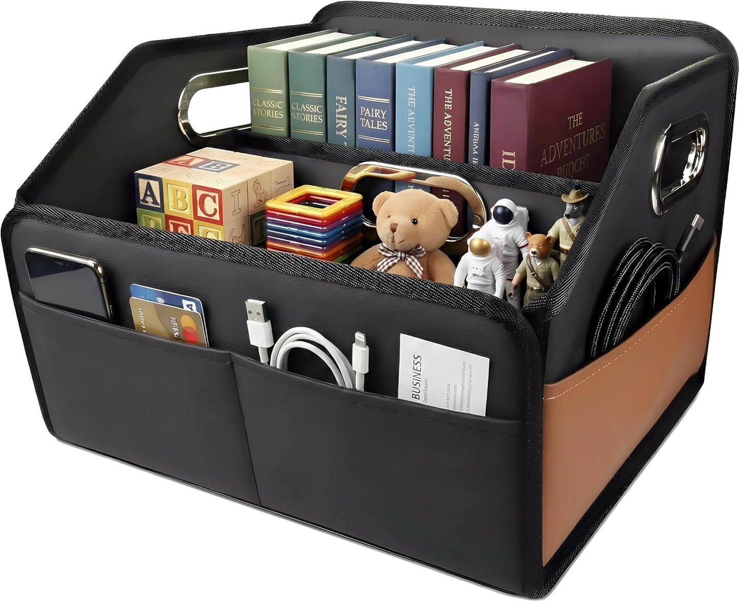 Noaman Car Organizer - 2025 Upgraded Leather Car Storage Organizer for Front Back Seat or Floor with 3 Metal Handles 6 Apartments, Multipurpose Car Organizers and Storage Black.