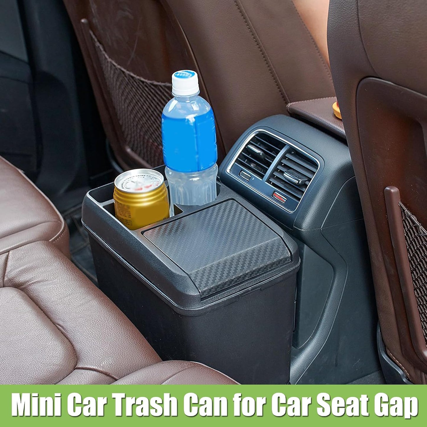 Multifunctional Car Trash Can with Mini Cup Holder, Spacious Backseat Floor Organizer Leak-Proof Vehicle Trash Can Bin Waste Container with Lip, Car Storage Box Suitable for Cars, Truck, SUV