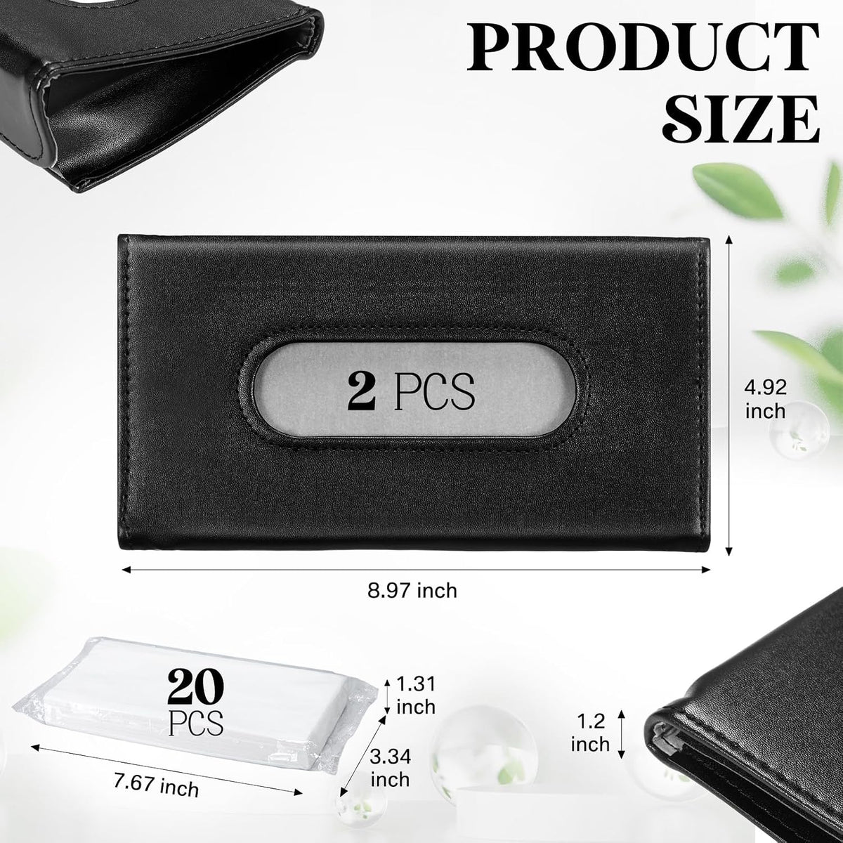 2 Pcs Black Car Tissue Holder with 20 Packs Tissue Refill Sun Visor Napkin PU Leather Backseat Napkin Mask Case Holder for Auto Accessories