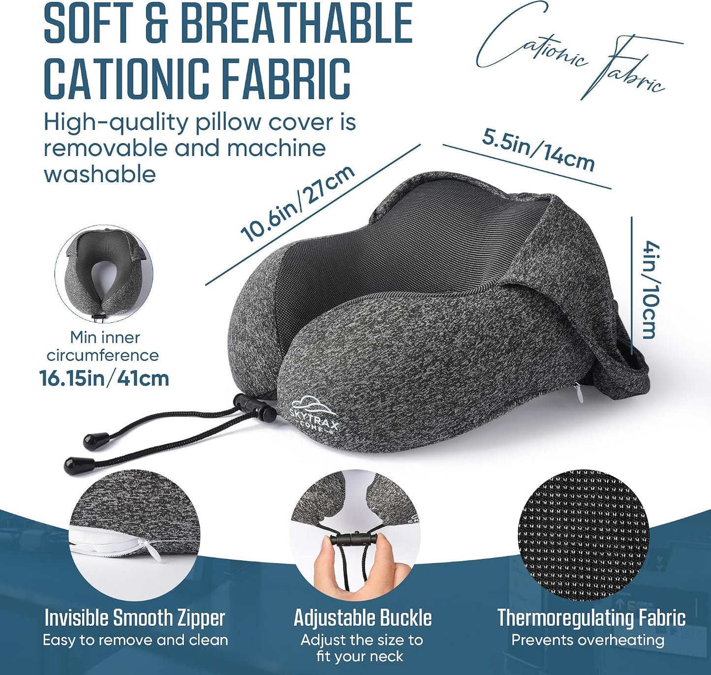 SkytraxComf® Travel Neck Pillow with Hood for Privacy on Long Flights | Memory Foam | Airplane Sleep | Safety-Tested Materials | Extra Large Hood | Chin Support | Earplugs | Washable Cover
