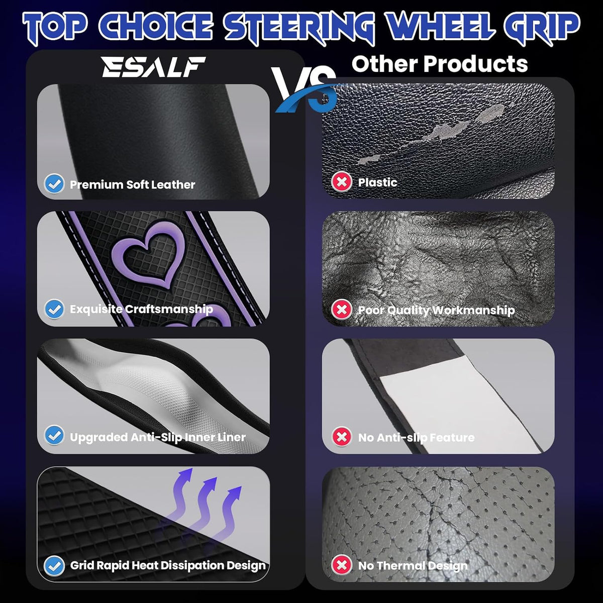 Ventilated Heart-Shaped Steering Wheel Cover with Anti-Slip Leather Grip. Compatible with Ford, Toyota, Honda, Nissan, and Chevrolet Vehicles for 14.5-15.2 inch Round Steering Wheels.
