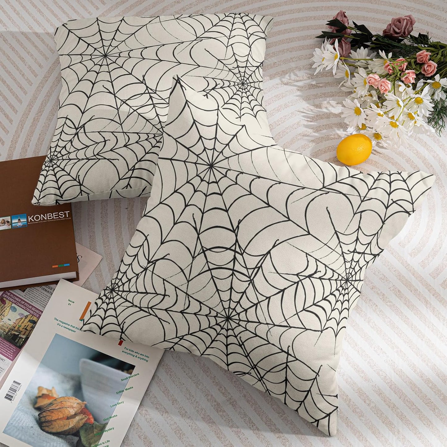 Robvobe Cream Halloween Spiderweb Pillow Covers 18x18 Set of 2 Black Web Outdoor Decorative Throw Pillows Halloween Scary Themed Farmhouse Pillowcases Linen Cushion Case Decor for Home Sofa Couch Bed