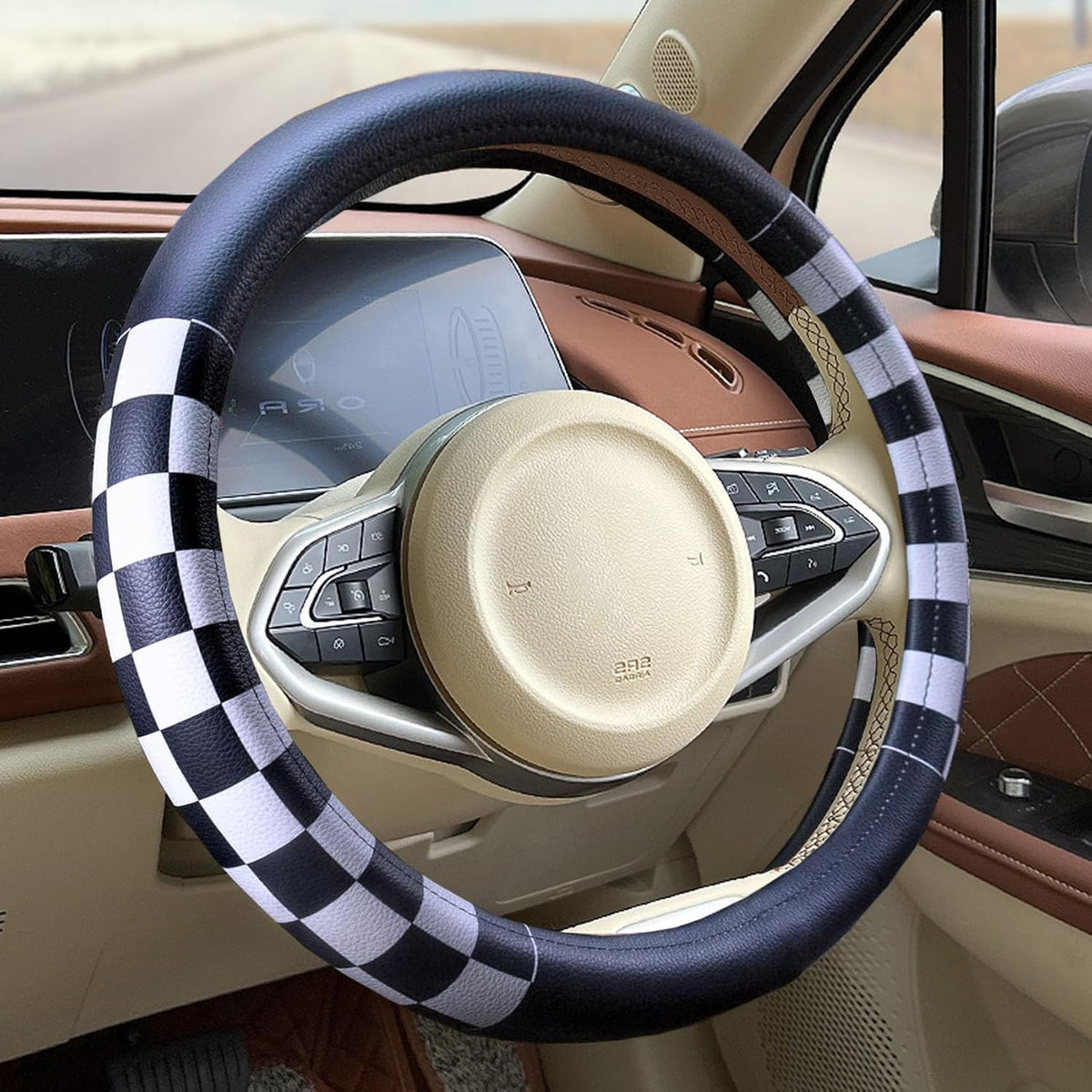 Dotesy Black White Checkered Plaid Car Steering Wheel Cover Leather 15 inch