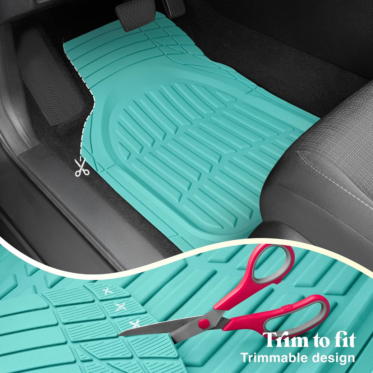 CARBELLA Heavy Duty Rubber 4-Piece Teal Car Floor Mats - Universal Trimmable All-Weather Car Accessories - Girl Car Accessories for Women & Cute Car Mats for Women for Girly Car Decor, Truck, & SUV