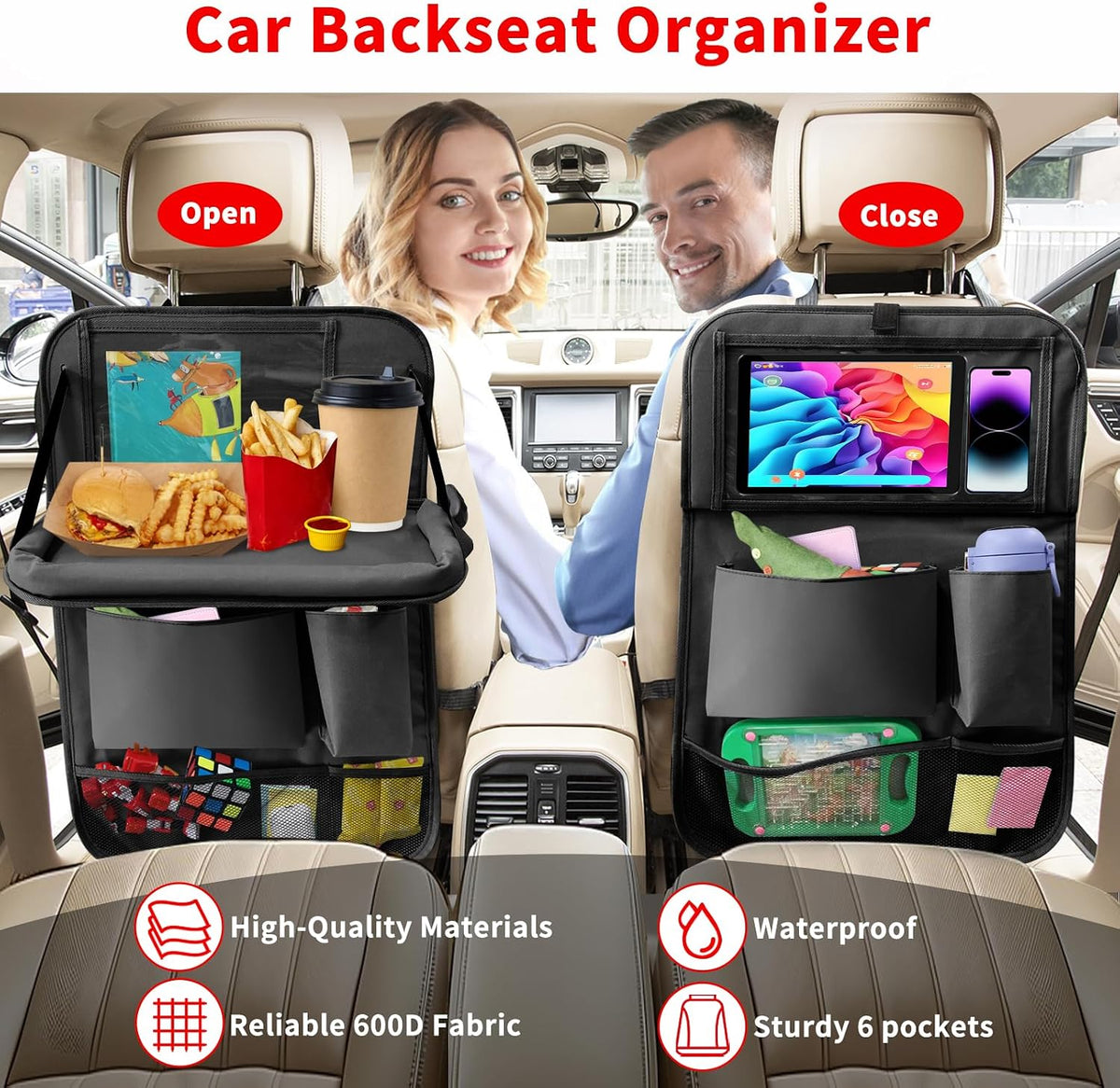 Car Backseat Organizer with Tablet Holder, 6 Storage Pockets Seat Back Protector with Foldable Tray, Kick Mats Back Seat Cover for Kids Toddlers, Travel Accessories, 1 Pc