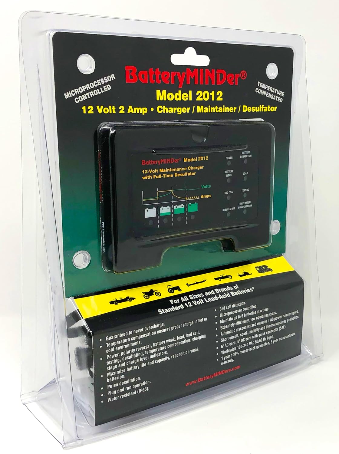 BatteryMINDer 2012 12V 2Amp Smart Battery Charger, Maintainer & Desulfator - Automatic Trickle Charger for Car, Motorcycle, Lawn Mower, RV - for Winter & Long-Term Storage