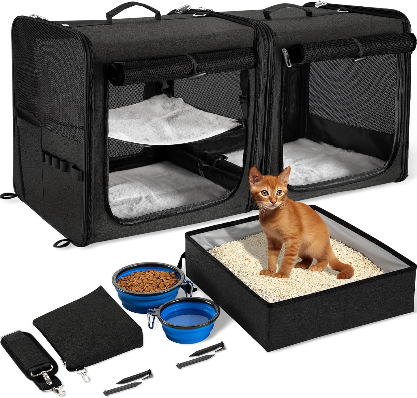 Extra Large Cat Carrier for 2 Cats with Travel Litter Box, 2-in-1 Foldable Soft Pet Car Travel Carrier with Zipper Locks for Multiple Cats Small Dogs Up to 45 Lbs, Black