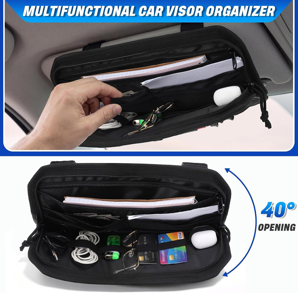 Frienda 2 Pack Car Visor Organizer Sun Visor Organizer Tactical with Zipper Storage Pouch and Sunglasses Holder Clip for Truck Police Vehicle Equipment