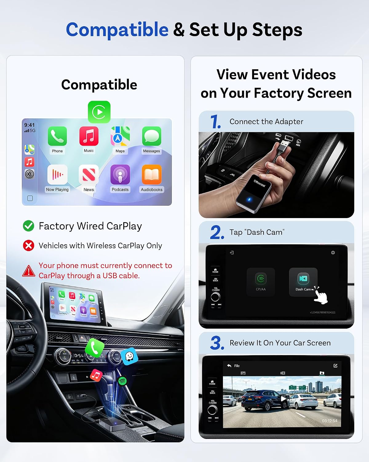 OTTOCAST Dash Camera for Cars, Wireless CarPlay, Factory Screen Playback