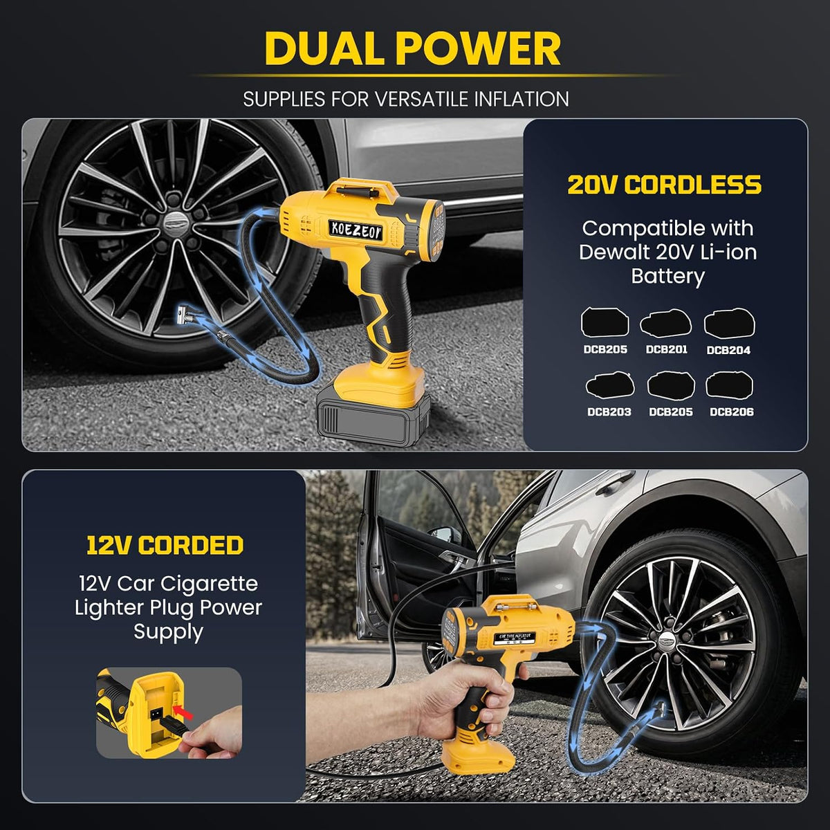 Cordless Tire Inflator Portable Air Compressor Compatible with Dewalt 20V Battery, 160PSI Electric Air Pump with 12V Car Power Cable Dual Mode and Digital Pressure Gauge LED Light for Car and Balls