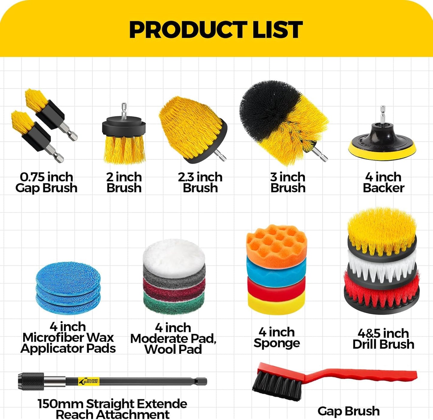 Holikme 22Pack Drill Brush Attachments Set,Scrub Pads & Sponge, Buffing Pads,Power Scrubber Brush,Car Polishing Pad Kit,Wax Applicator Pad,Car Cleaning Kit,Masonry Brushes,Cleaning Supplies