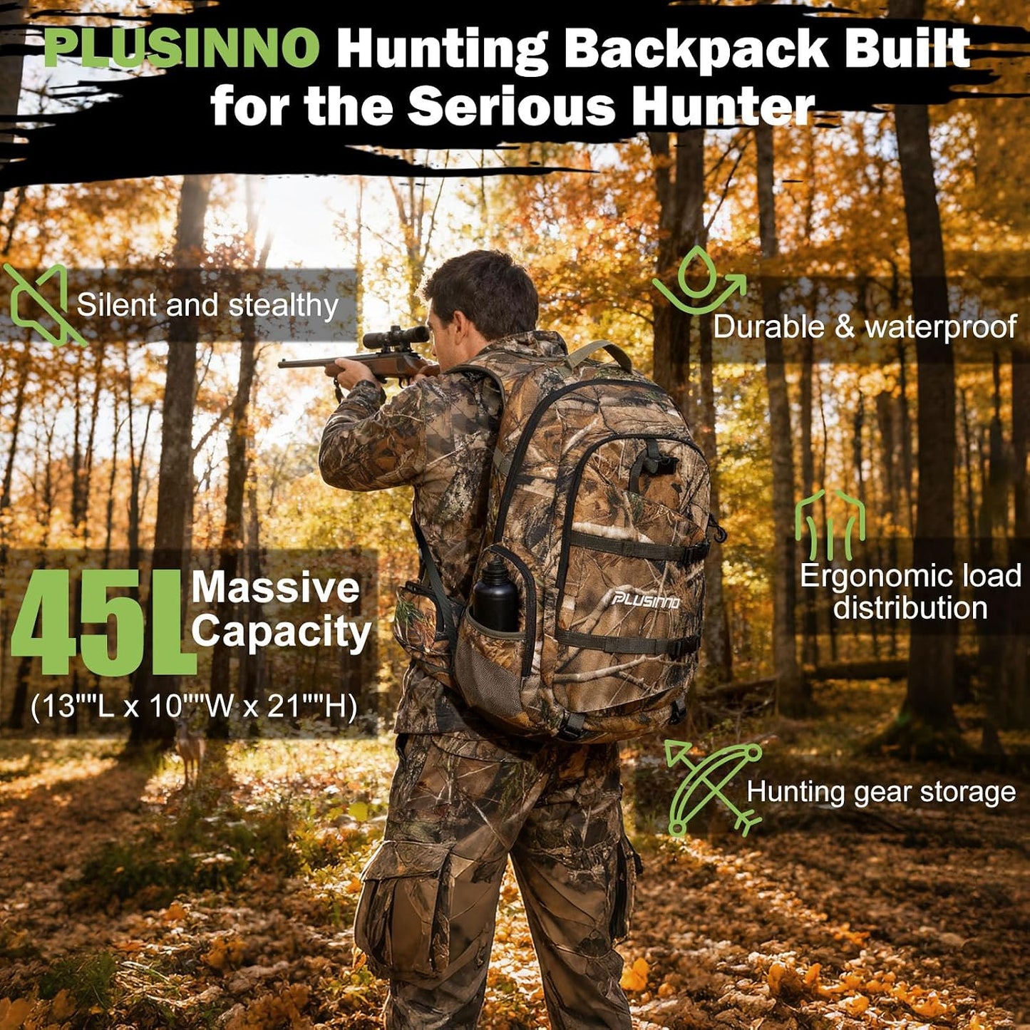 PLUSINNO Hunting Backpack for Hunting Essentials, 45L Waterproof Hunting Gear with Rain Cover, & Padded Scabbard Carry System For Deer Hunt Accessories, Hunt Gift For Men